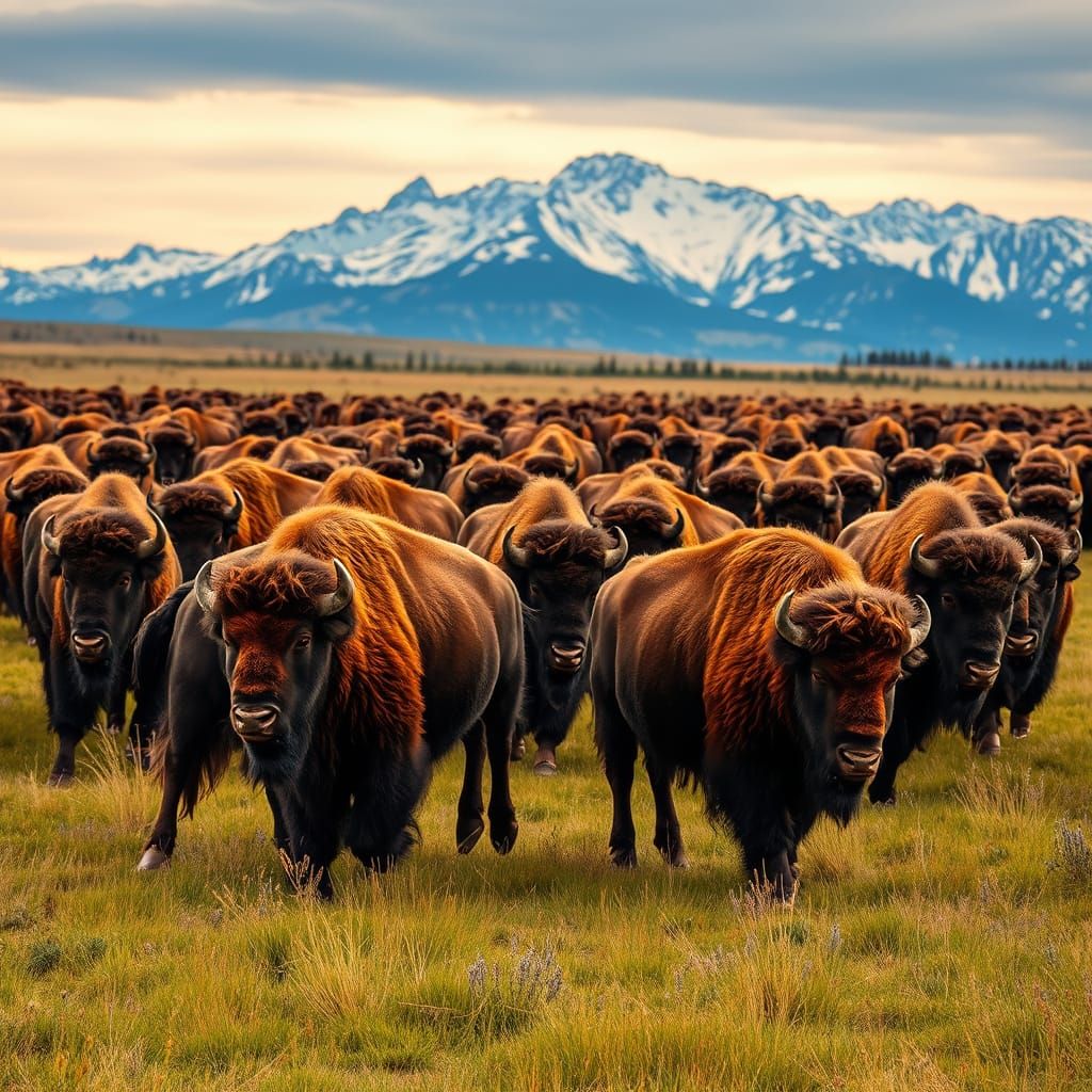 Bison Stampede Across American Prairie: Hyperrealistic Art