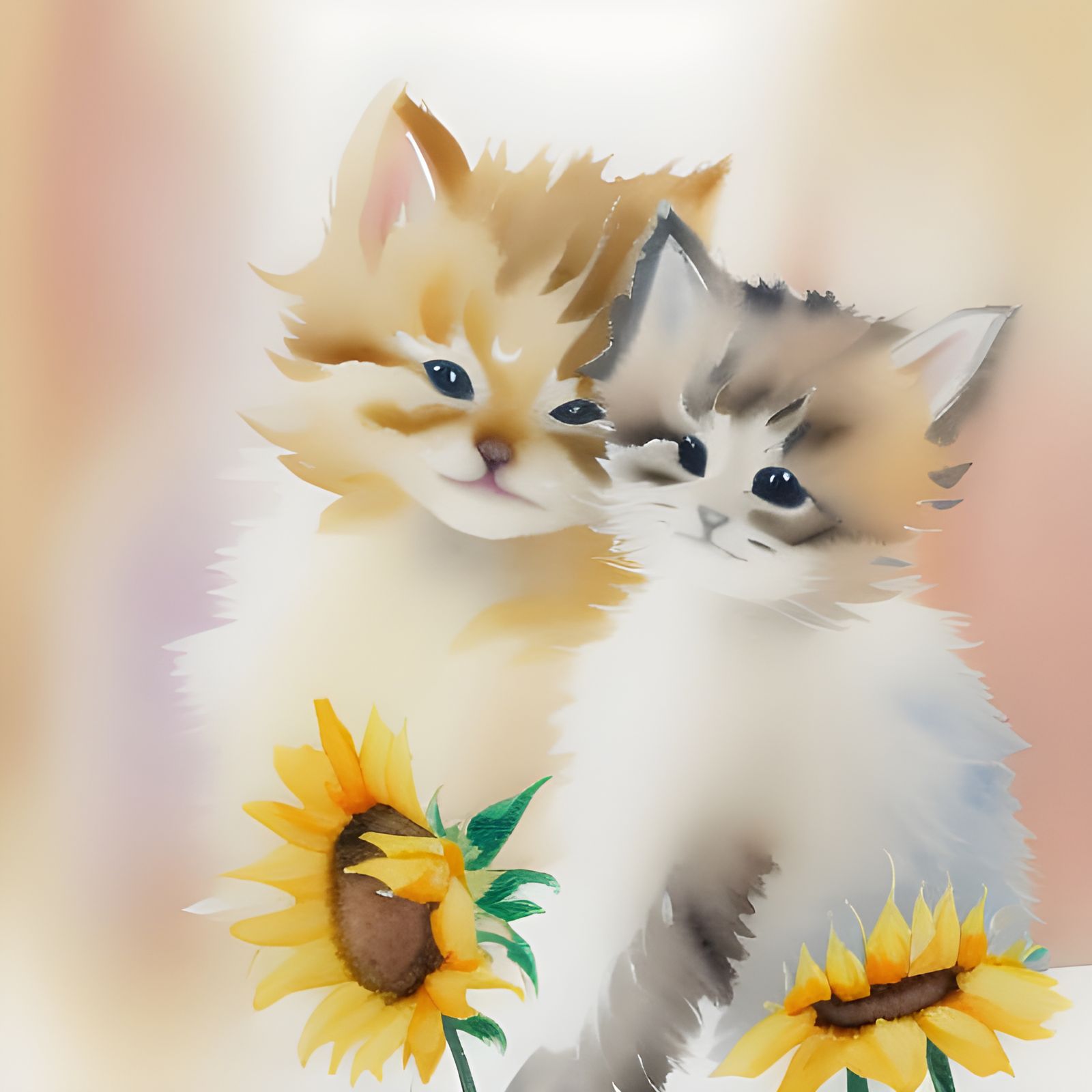 Kittens and Sunflowers in Soft Watercolor Style
