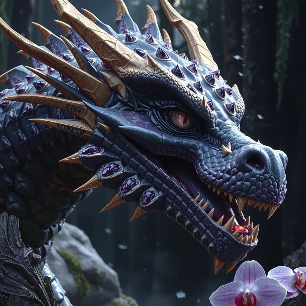 Dragon Guardian of Bioluminescent Orchids in Twilight