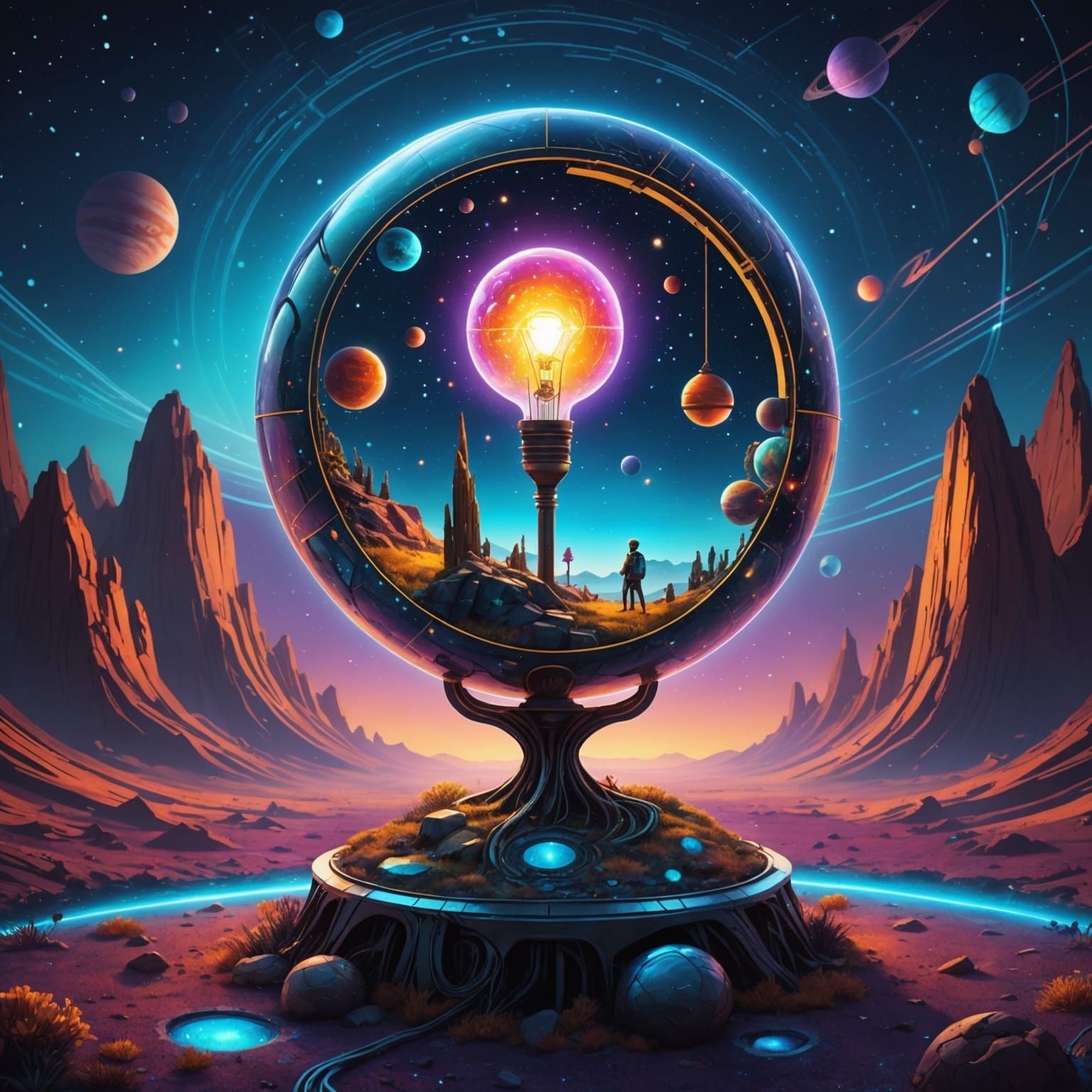 Astral Lamp Planet with Living Room, Holographic Illustratio...