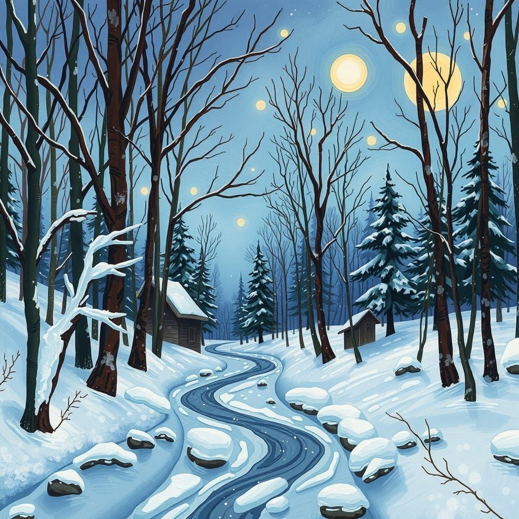 Whimsical Winter Woodland in Impressionist Brushstrokes