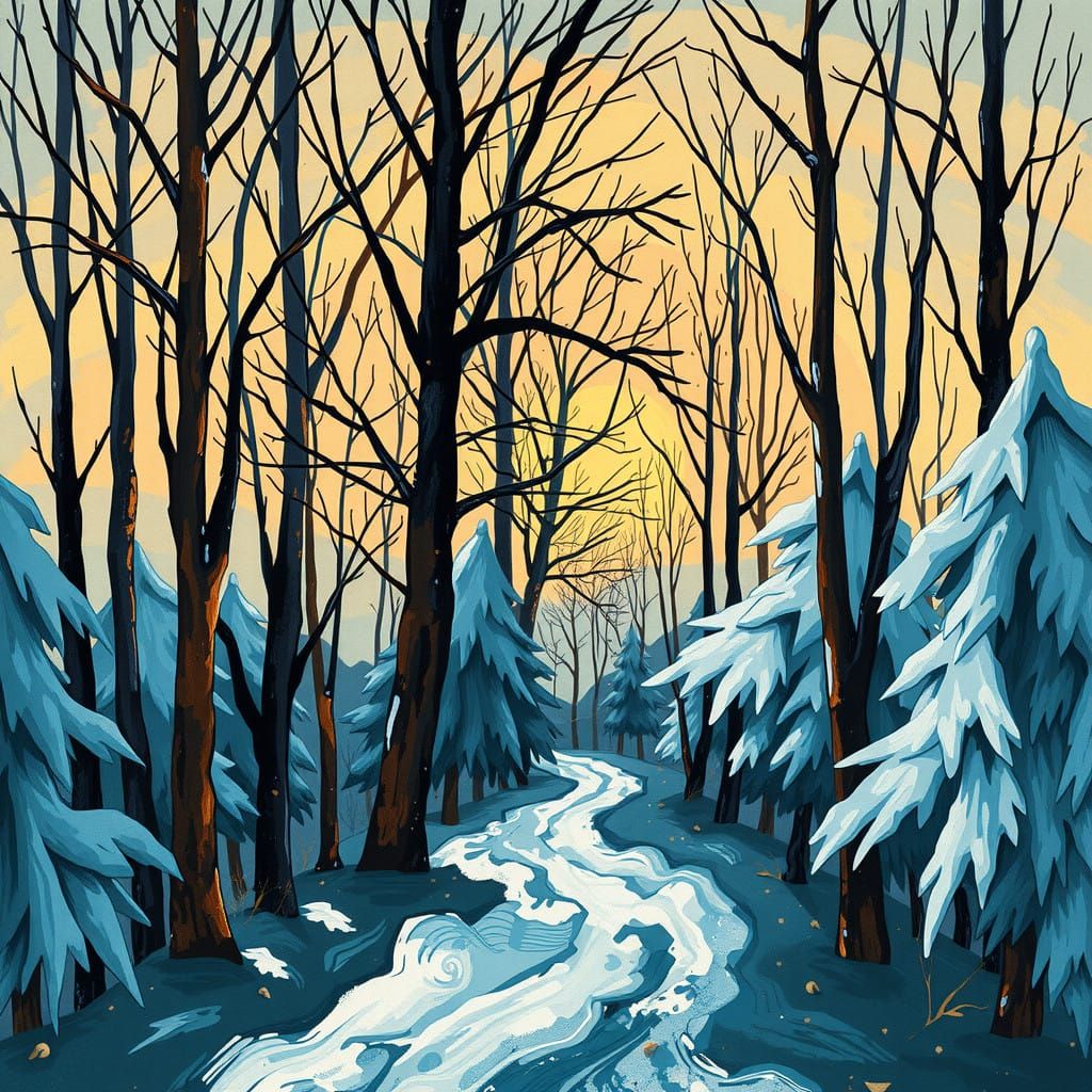 Winter Forest in Art Nouveau Style with Impasto Brushstrokes