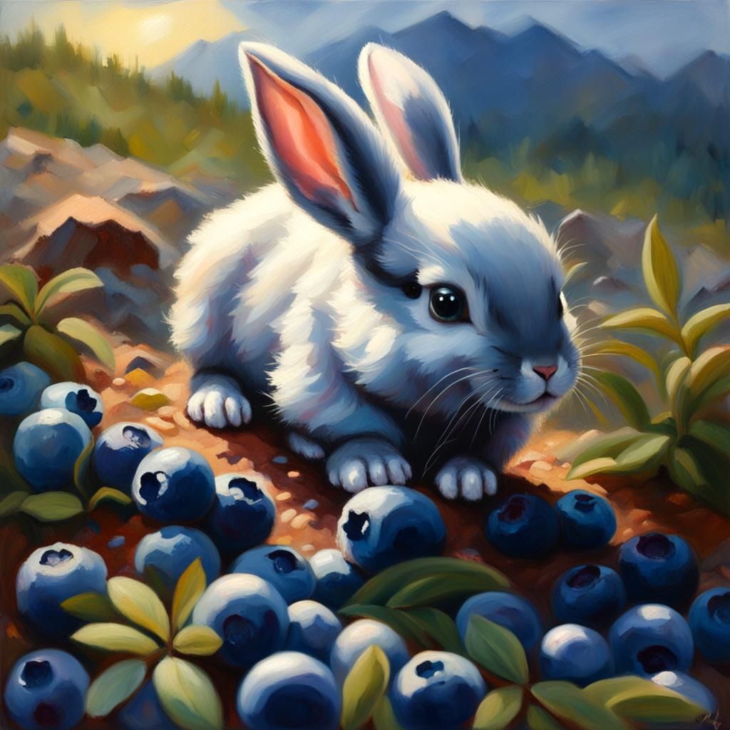 Baby Bunny on Blueberry Mountain, Oil Painting