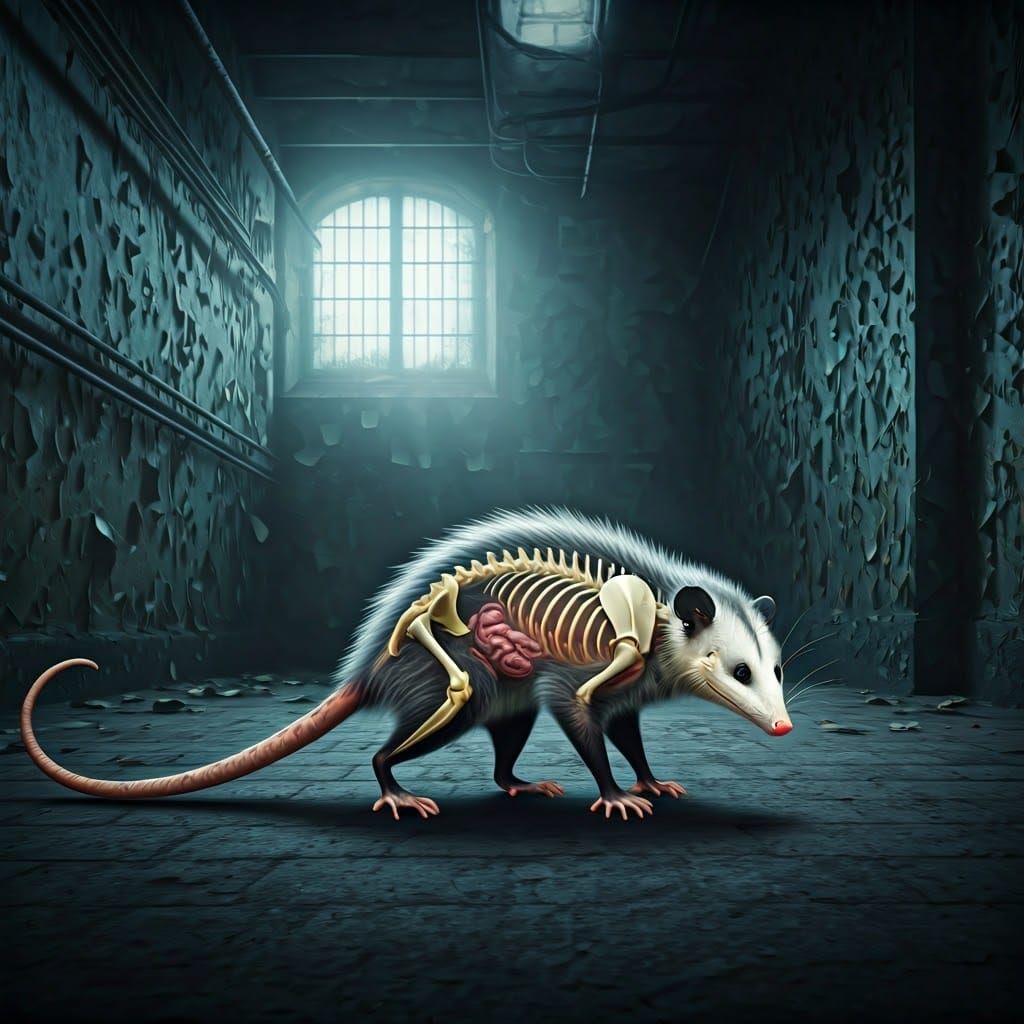 Translucent Possum in Dimly Lit Basement