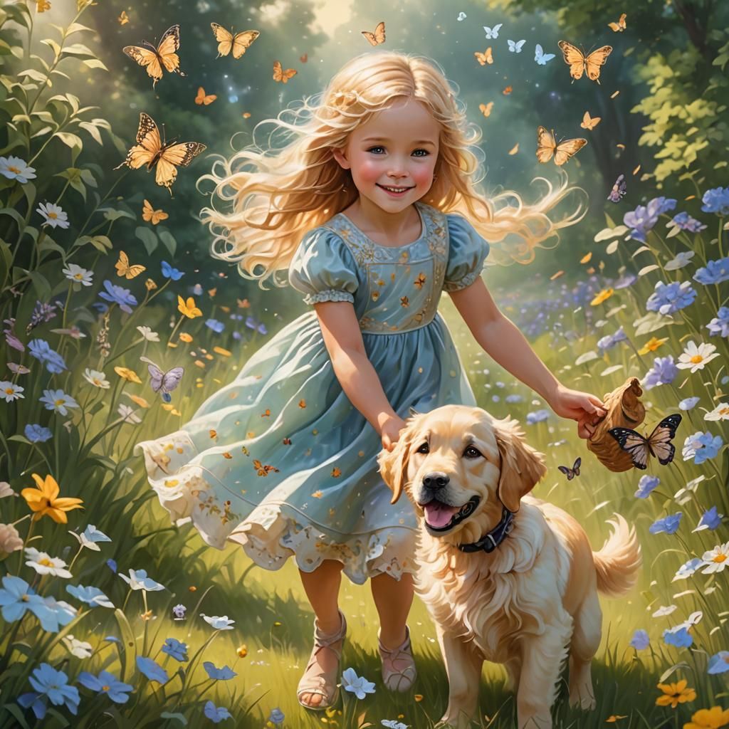 Girl and Puppy in Meadow: Whimsical Summer Scene