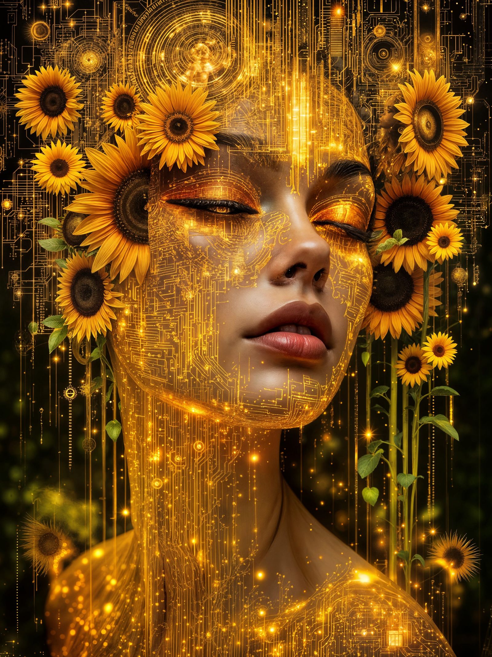 Cyberpunk Sun Mother: Circuitry and Floral Divinity