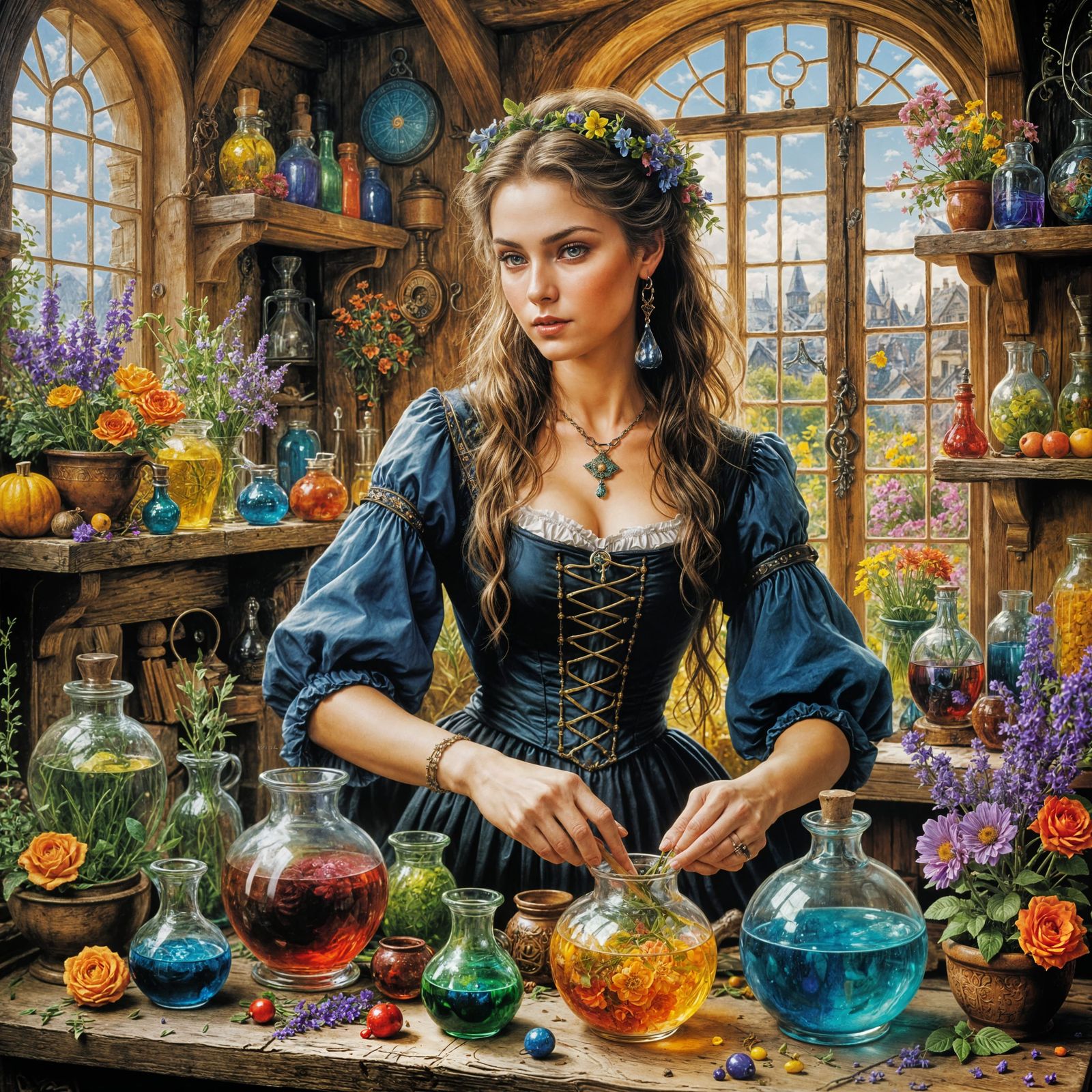 Colorful Witch's Cottage Potion, Fairytale Illustration
