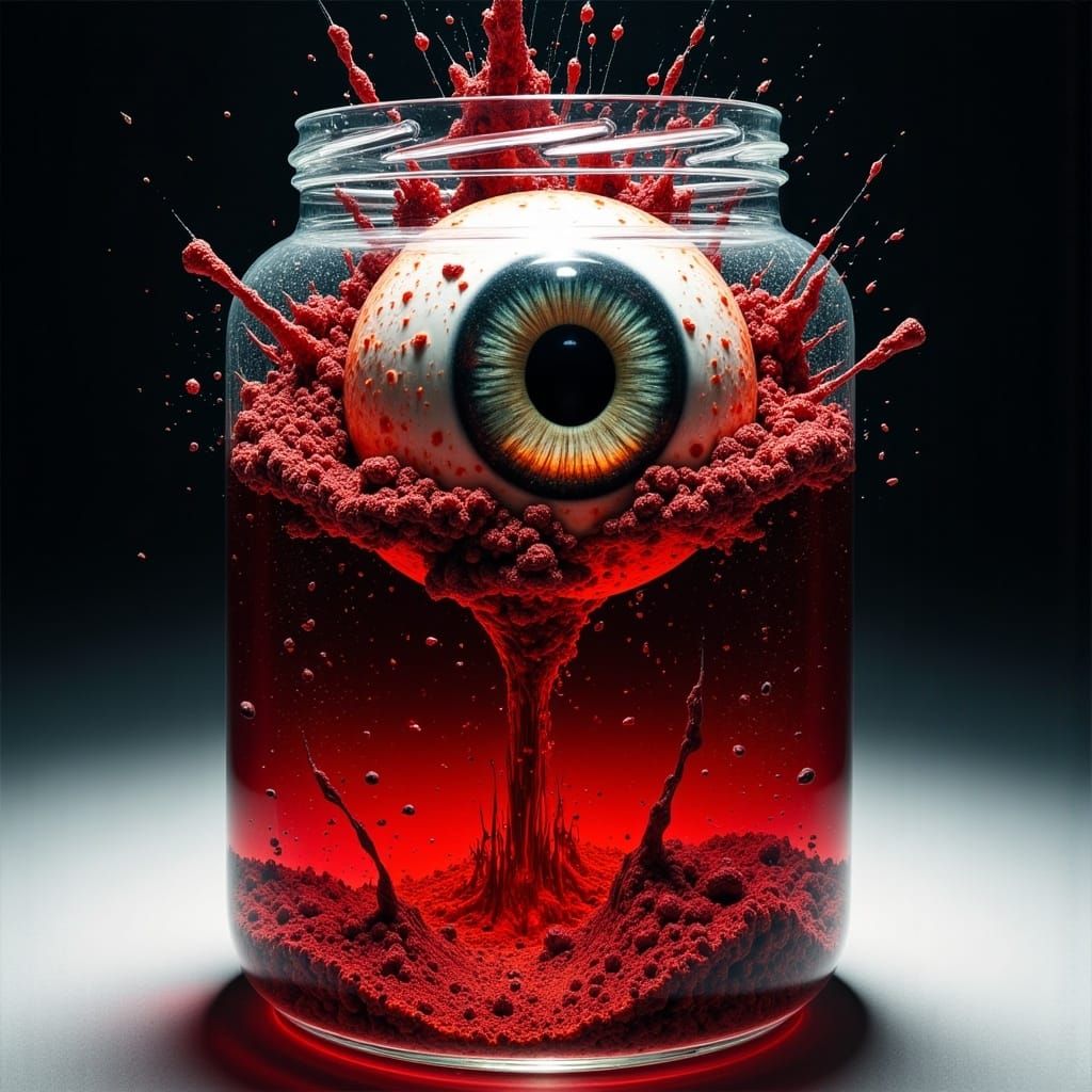 <lora:Abstract Reality:1.0> A glass blood jar with a hyper-d...