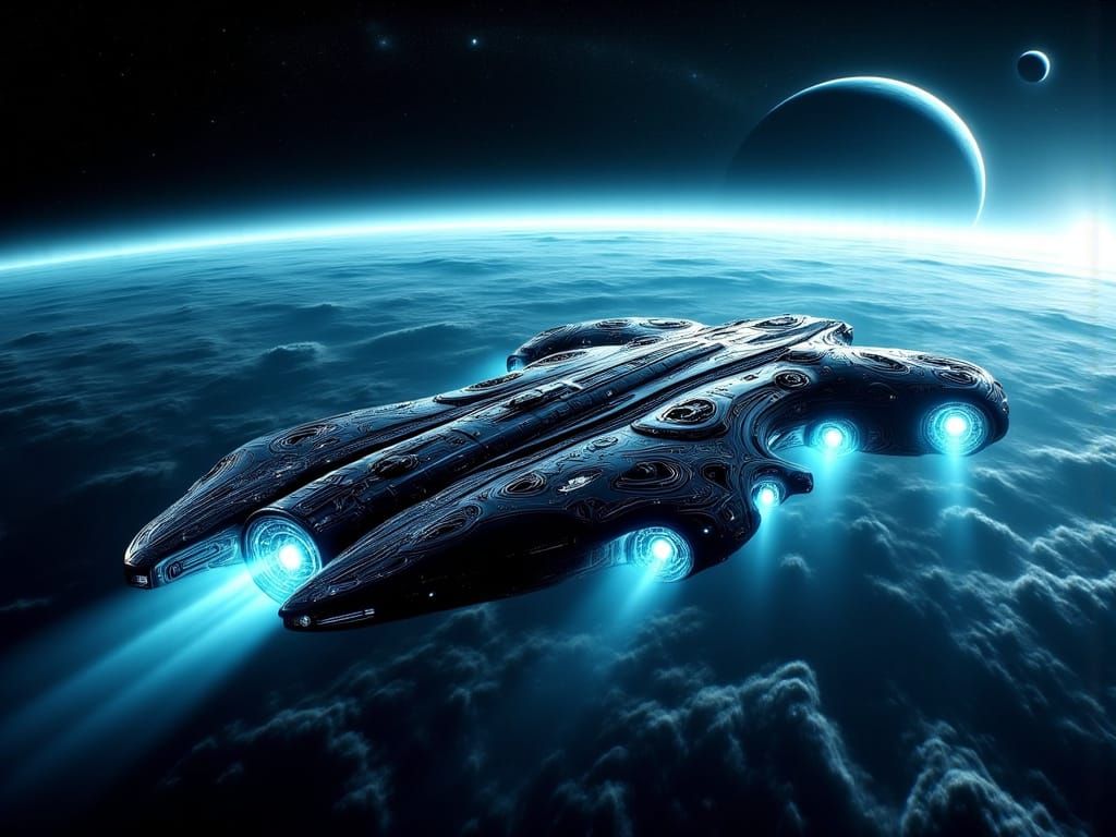 Exploration Starship Orbiting a Blue Exoplanet