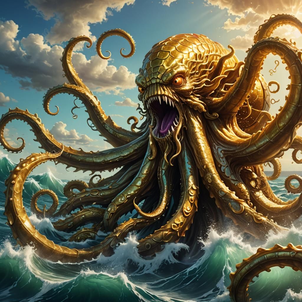 Golden Kraken Rises: Hyper-Realistic Digital Fantasy Art