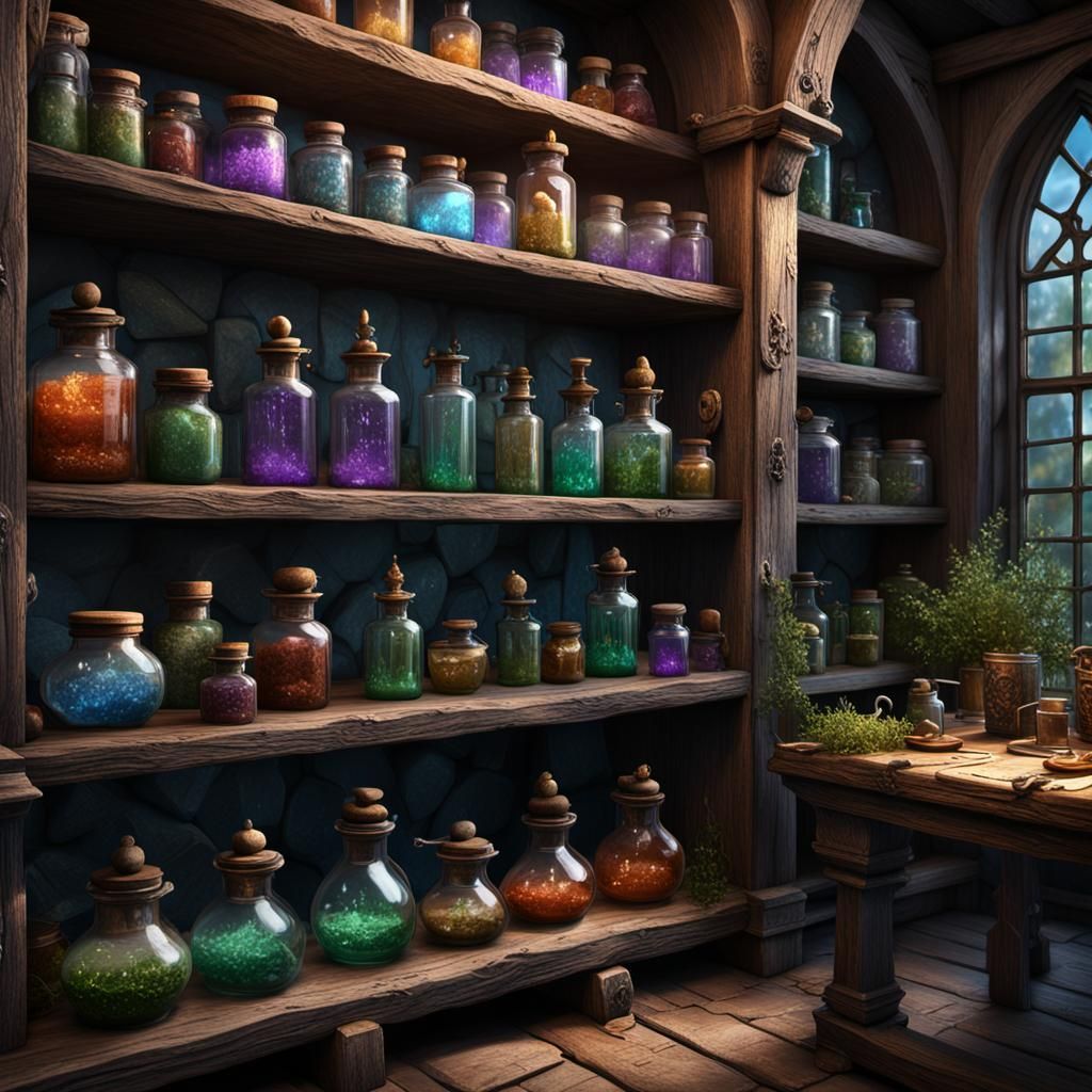 Magical Fantasy Shop Shelf with Potions and Books