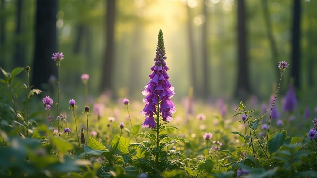 Whimsical Purple Foxglove Blooms in Enchanted Forest Glade