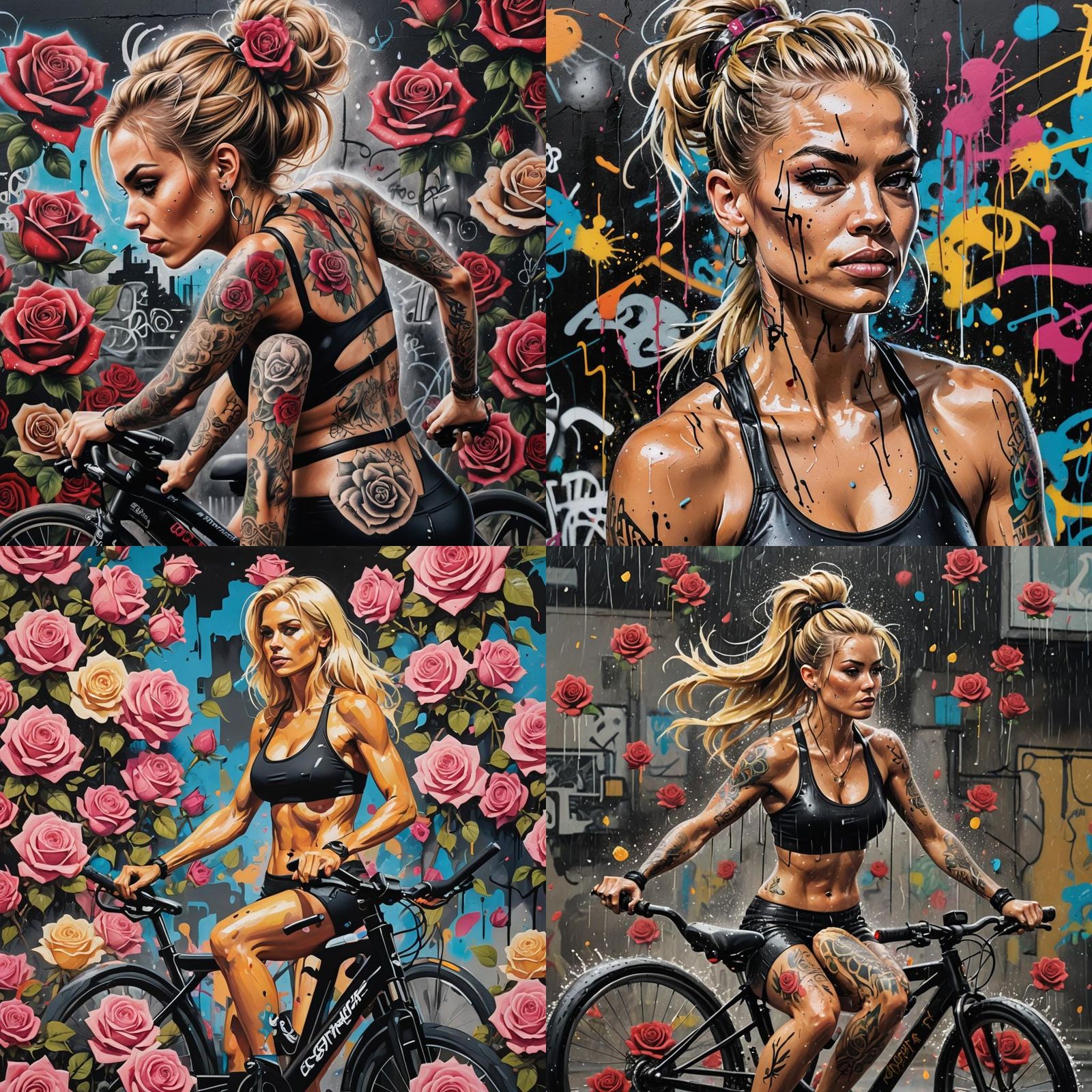 Tattooed Woman on Workout Bike: Graffiti Art Style