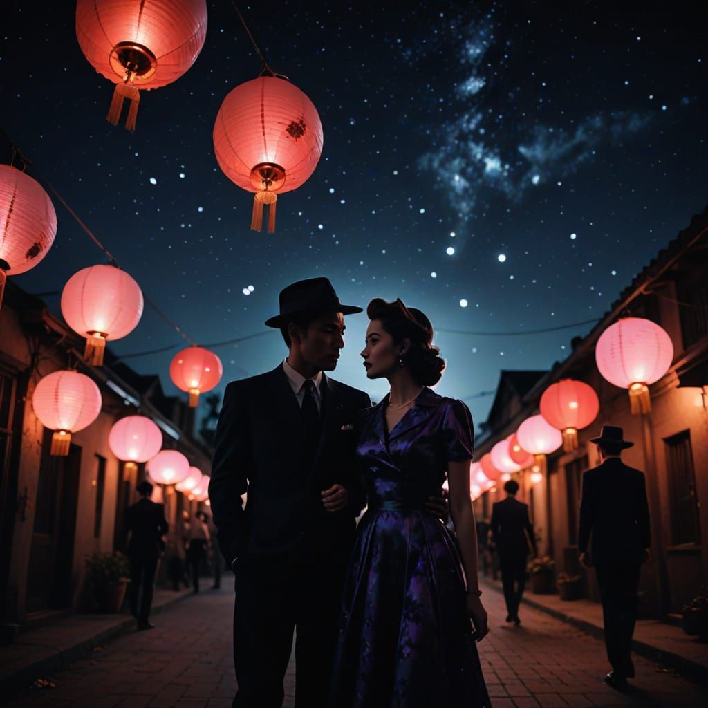 Moody Film Noir Scene with Lanterns and Silhouettes