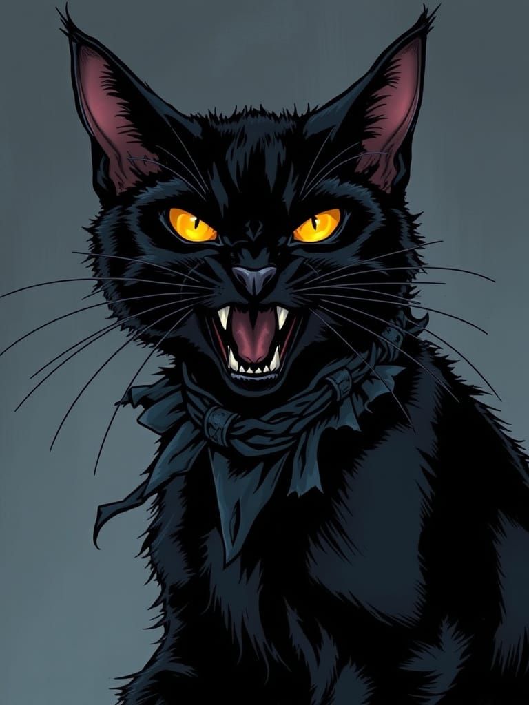 Wild, hissing, feral black cat. Mangy, dirty, and ready to attack. Almost certainly possessed by Satan.