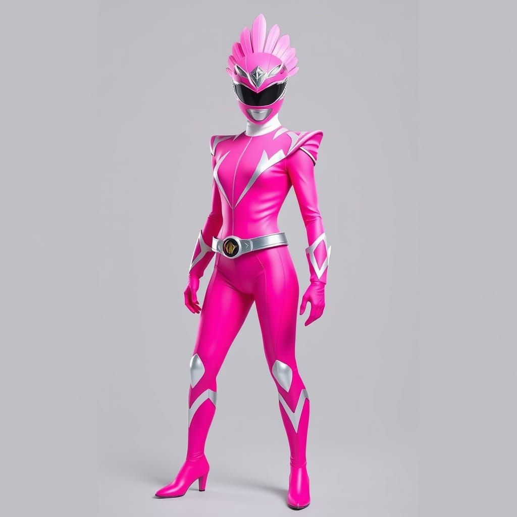 Pink power Ranger: Form-fitting pink suit with silver accents. The helmet has a stylized feathered headband design.