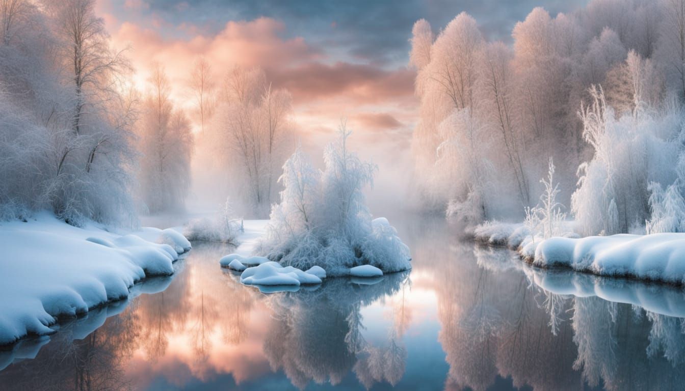 Surreal Winter Wonderland with Ethereal Forest Reflections