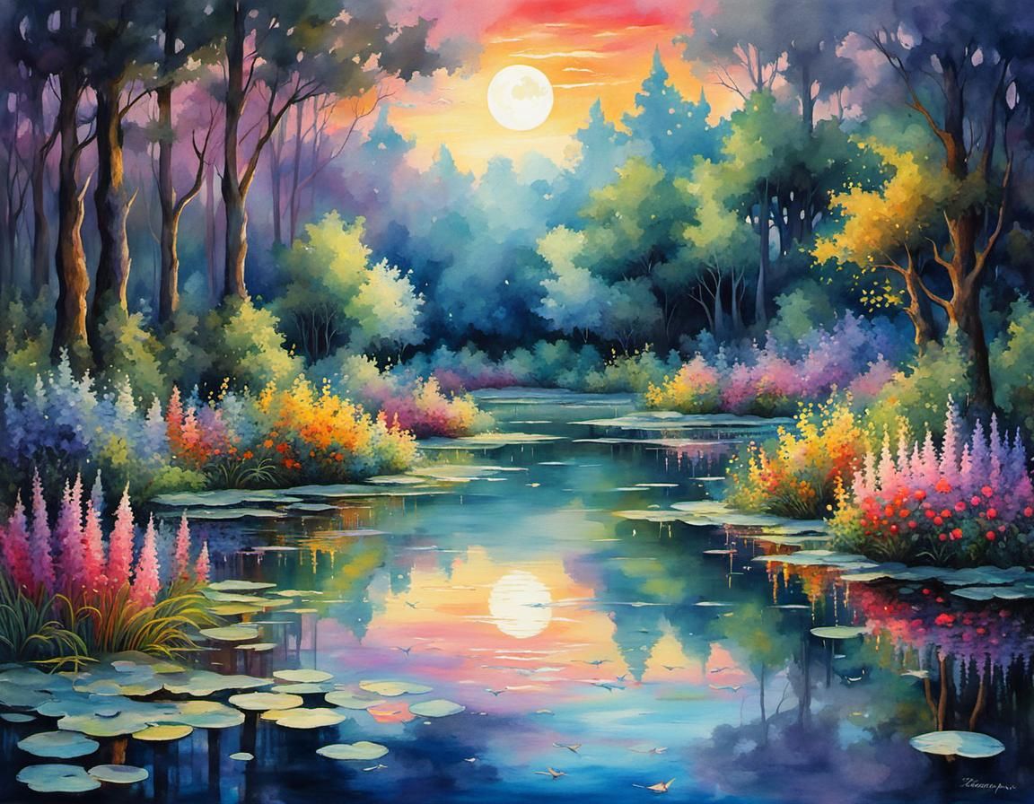 Reflective Pond in Fantasy Impressionist Style