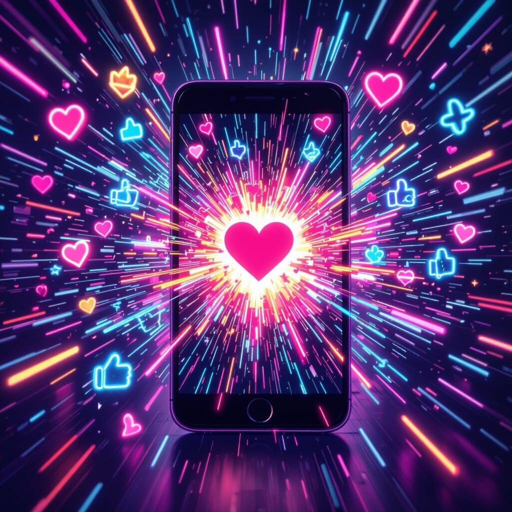 Neon Explosion of Likes and Hearts from Cellphone