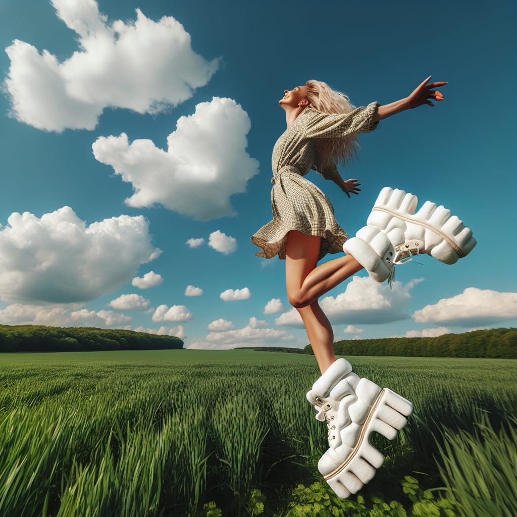 Woman Leaping in Field with Marshmallow Shoes