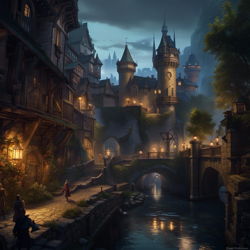 Dark Fantasy City with Castle, Detailed Concept Art