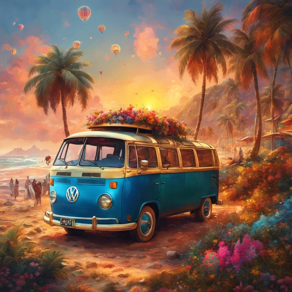 Retro Blue VW Bus on Beach: Hyperdetailed Digital Art