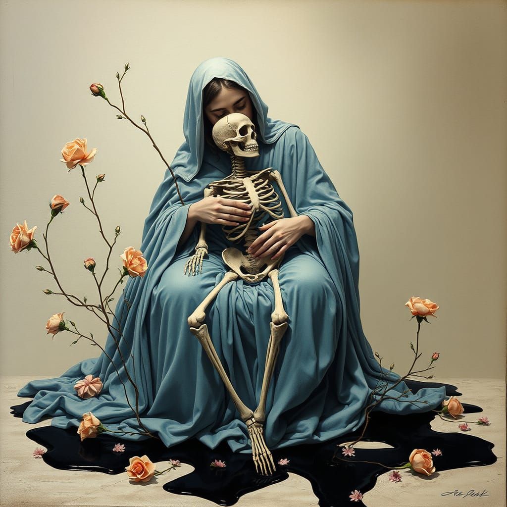 Modern Pietà: Woman Embraces Skeleton in Surreal Painterly S...