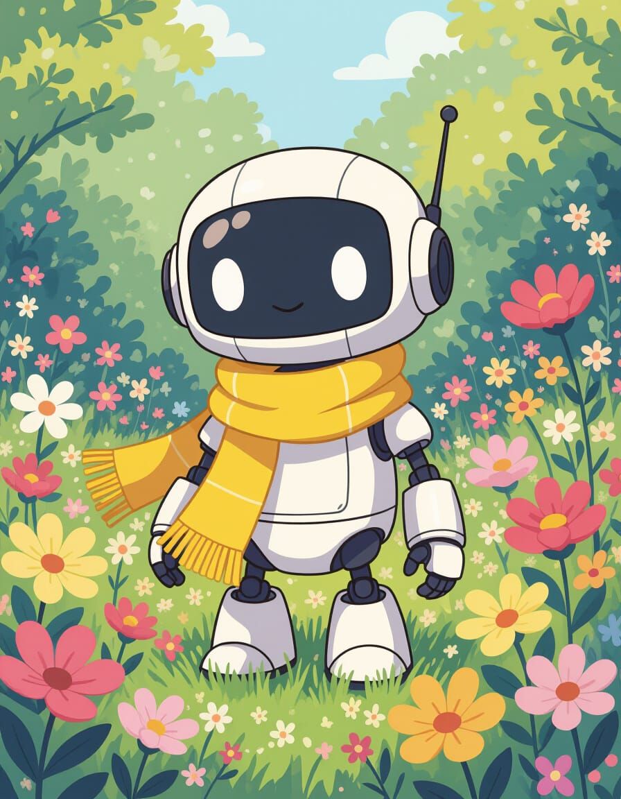 Cute Chibi Robot in Flower Garden, Miyazaki & Loish Style
