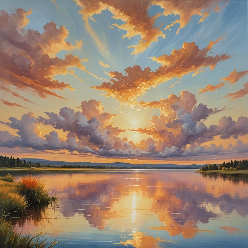 Serene Lake Reflects a Colorful Sunset as Oil Painting