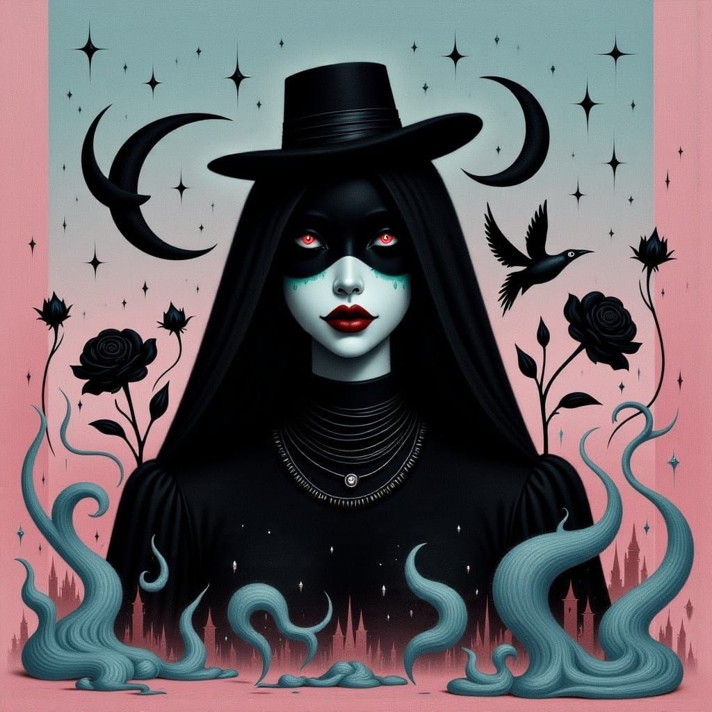 Dark Whimsy Figure in Pastel Gothic Landscape