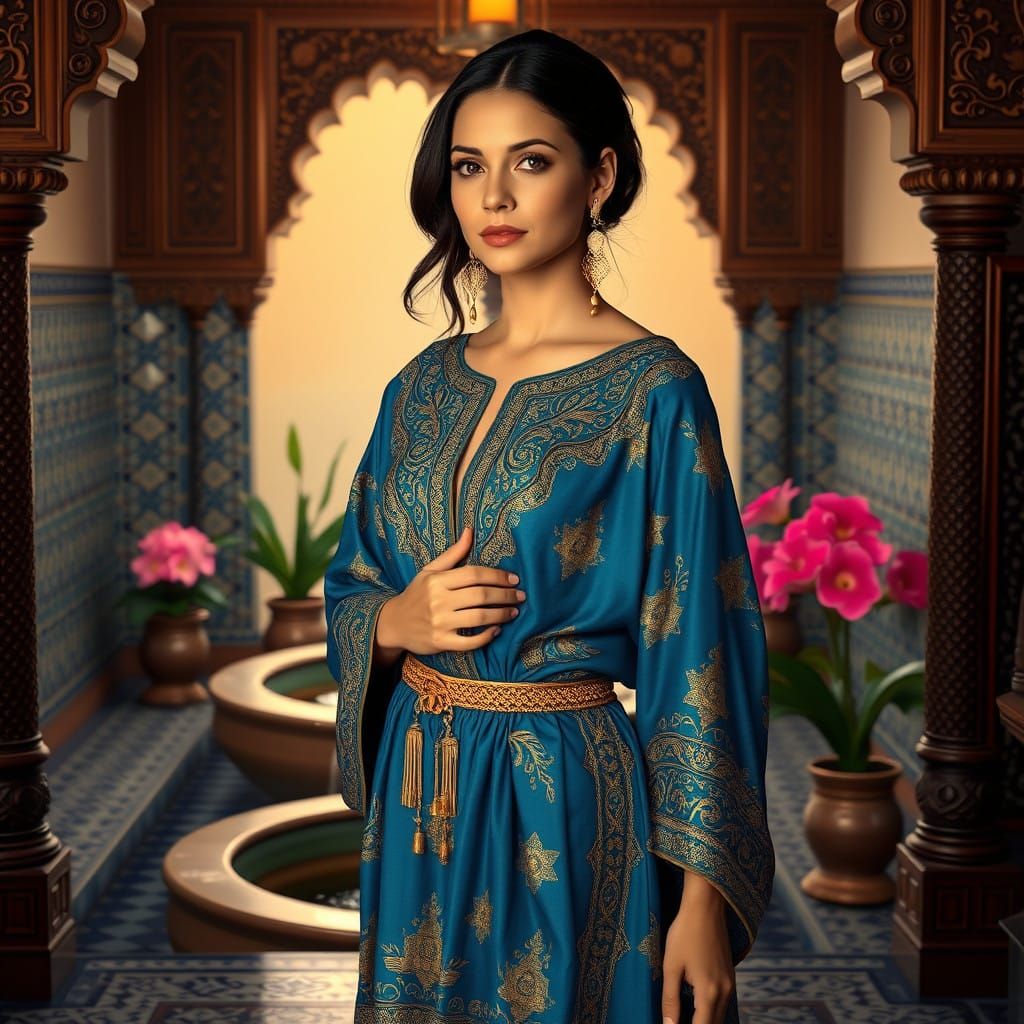 A Moroccan Woman in Elegant Kaftan amidst Traditional Morocc...