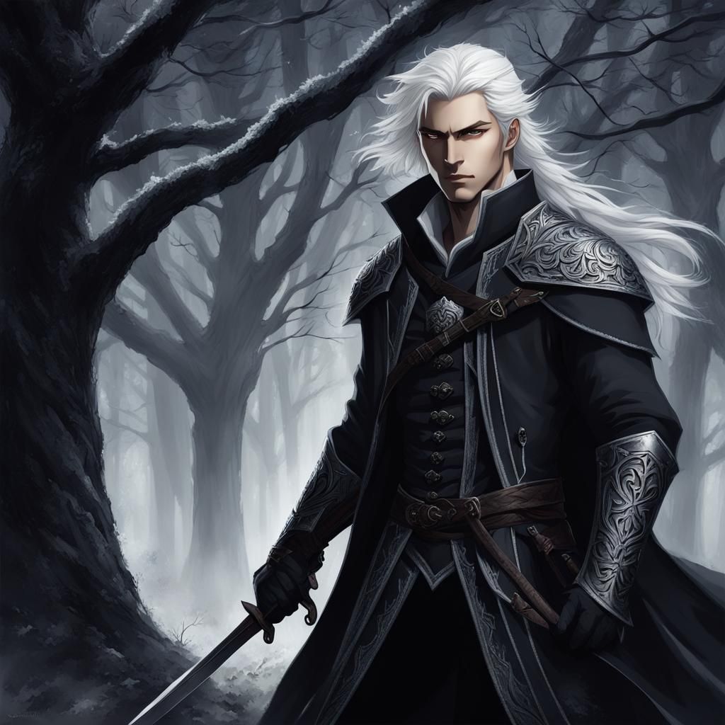 Anime Knight in Dark Forest with Chiaroscuro Lighting