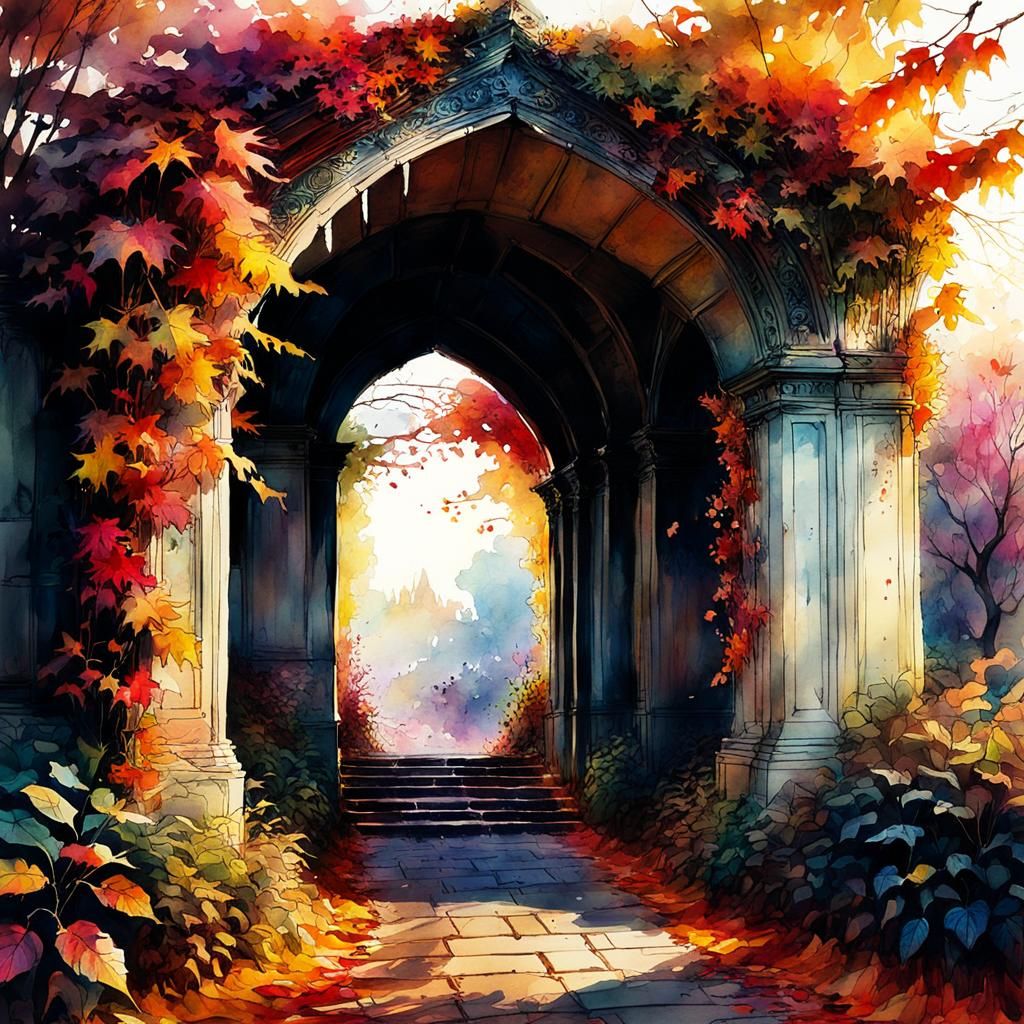 Autumn Archway in Digital Watercolor Style