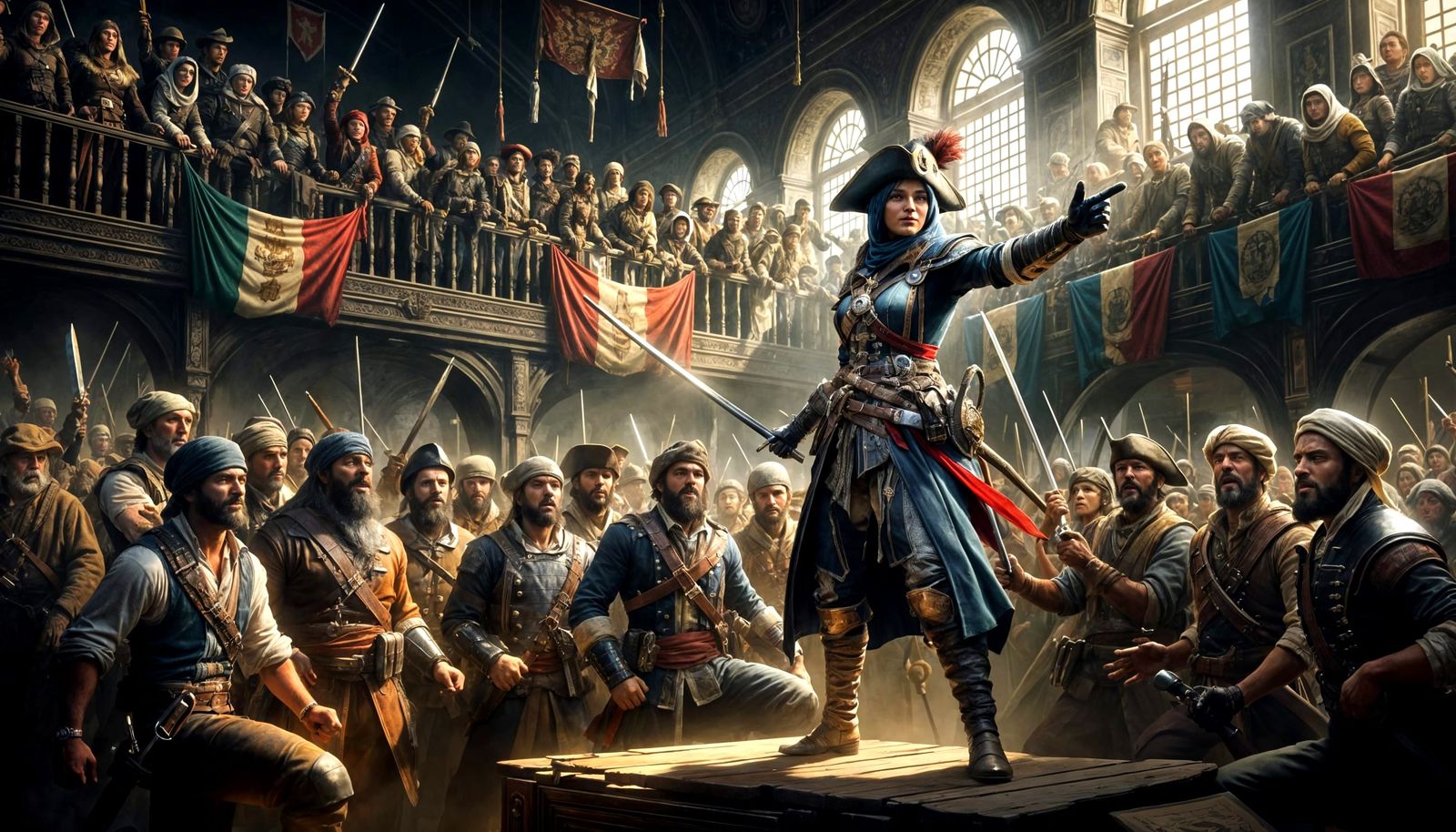 Female Leader Rallies Militia in Fantasy Town Hall