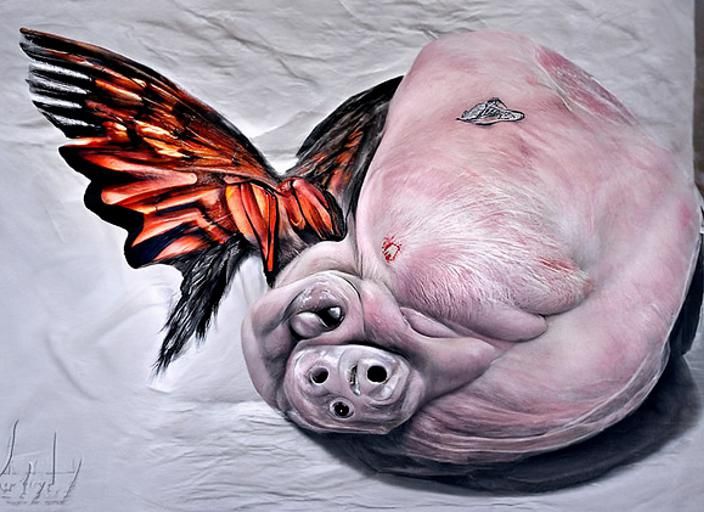 Hyperrealistic Ugly Fat Pig with Wings