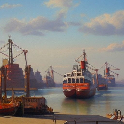 Ships Docked at Port: Oil Painting