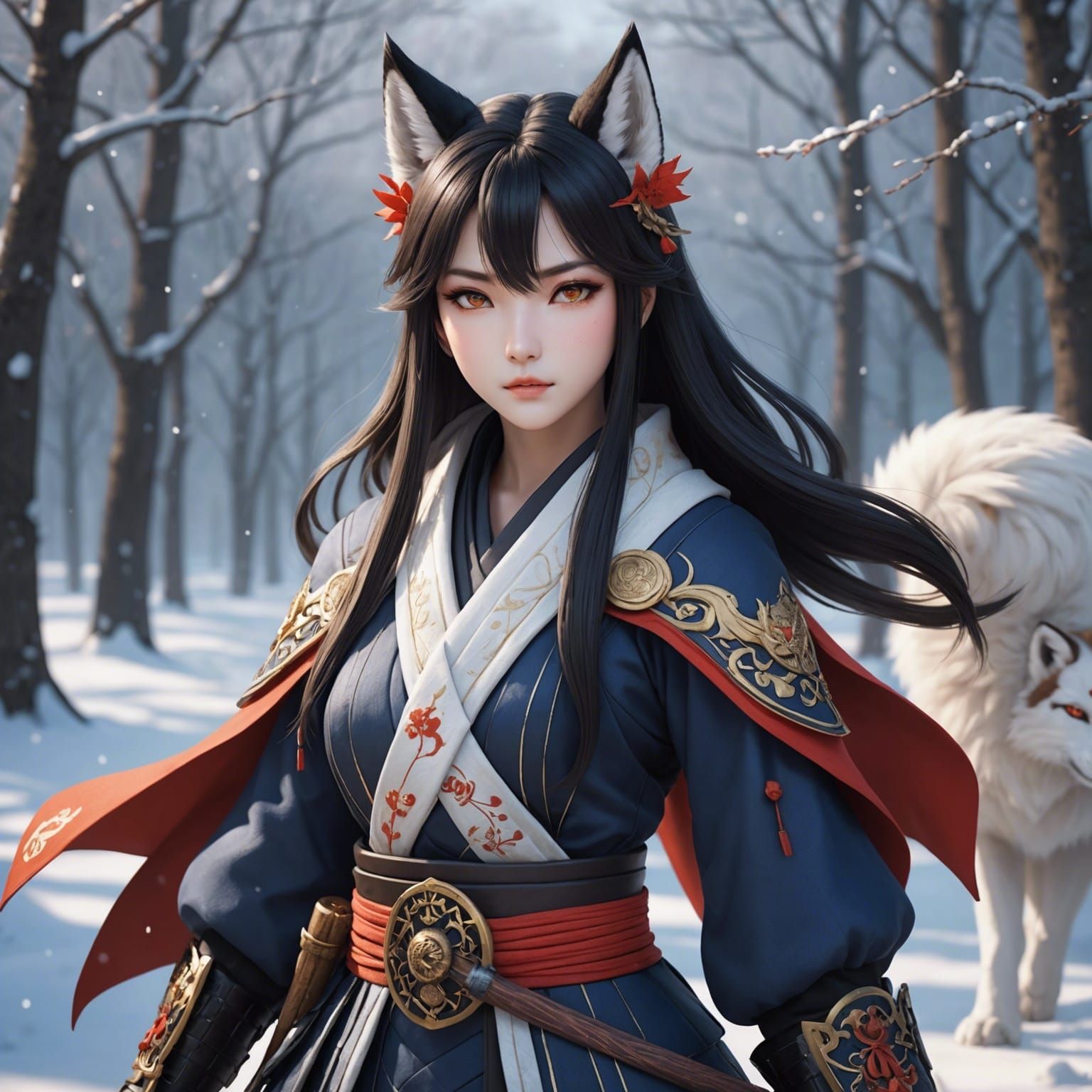 Kitsune Warrior in Winter: Detailed 3D Anime Art