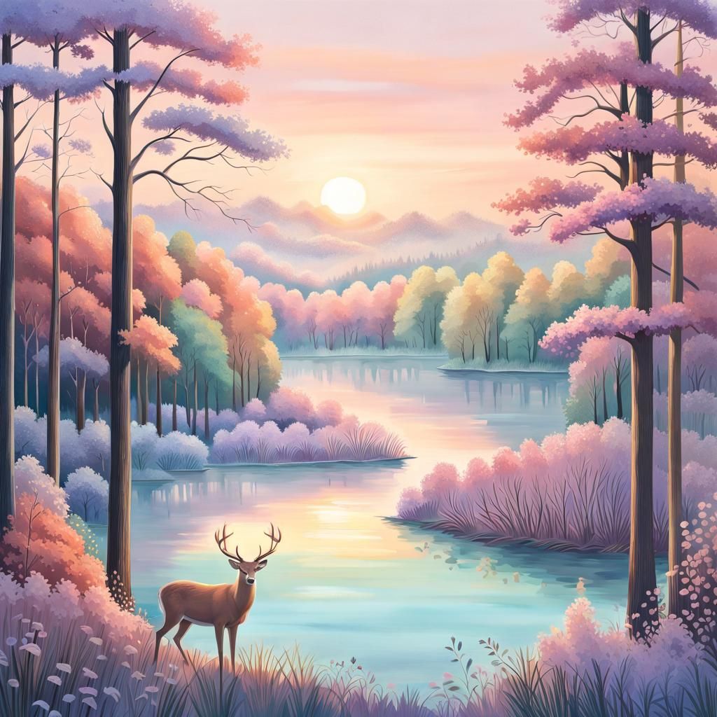 Deer at Lake: Pastel Sunrise in Forest