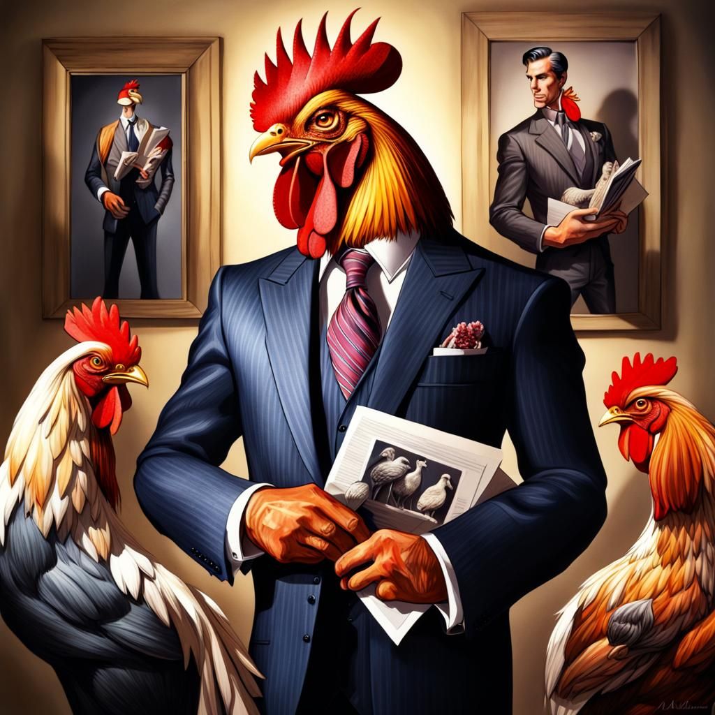 Handsome Rooster in Suit Holding Hen Photos, Detailed Digita...