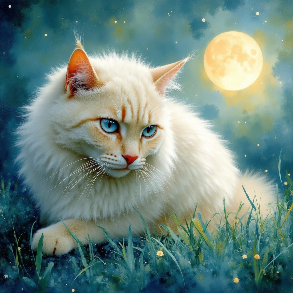 Himalayan Cat Stalking Under a Lunar Sky