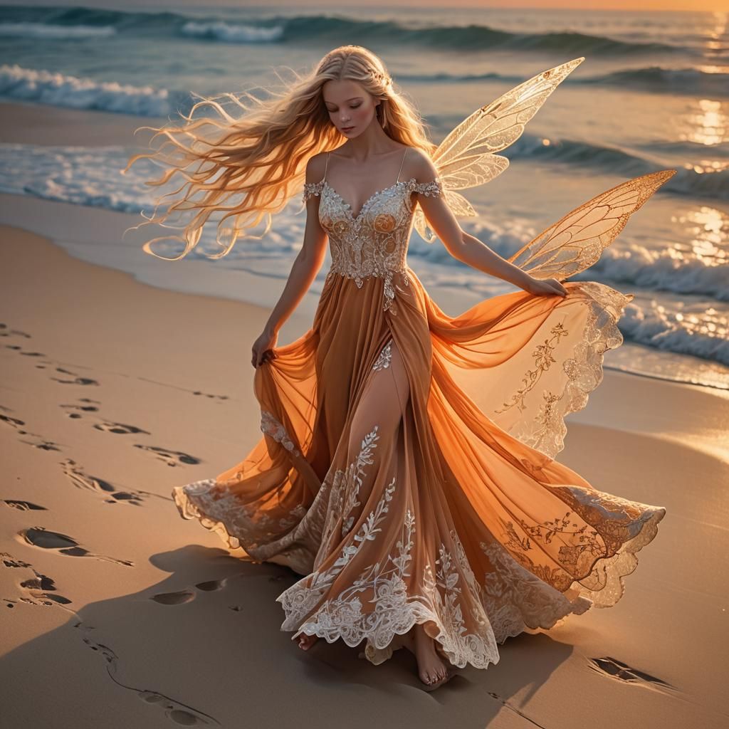 Orange Fairy on Beach in Fantasy Style
