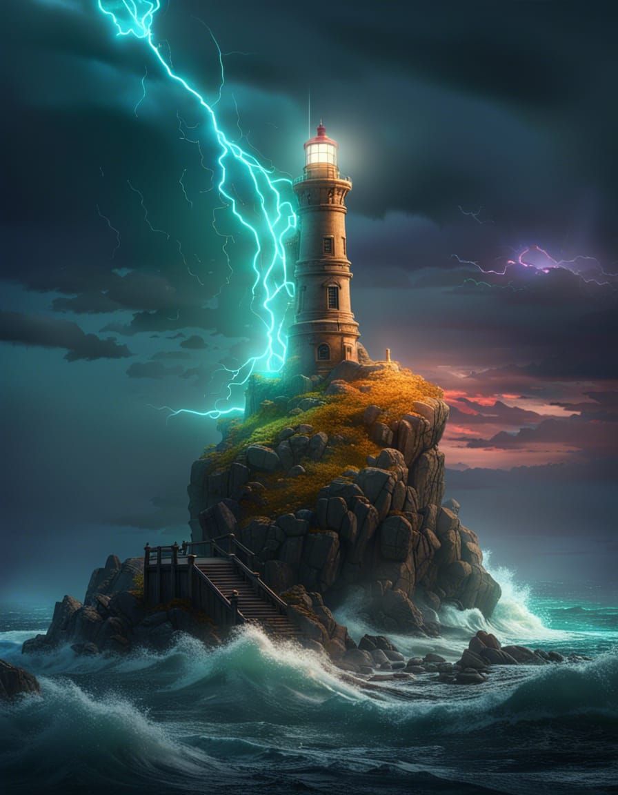 Lighthouse Beacon Illuminates Stormy Skies