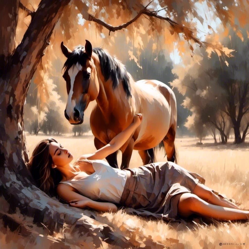Cowgirl Resting with Horse in Soft Sunlight