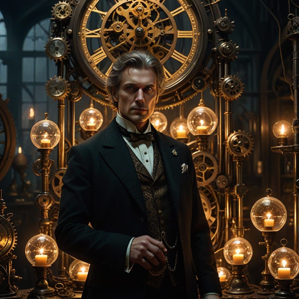 Victorian Clockmaker of Souls in Steampunk Workshop