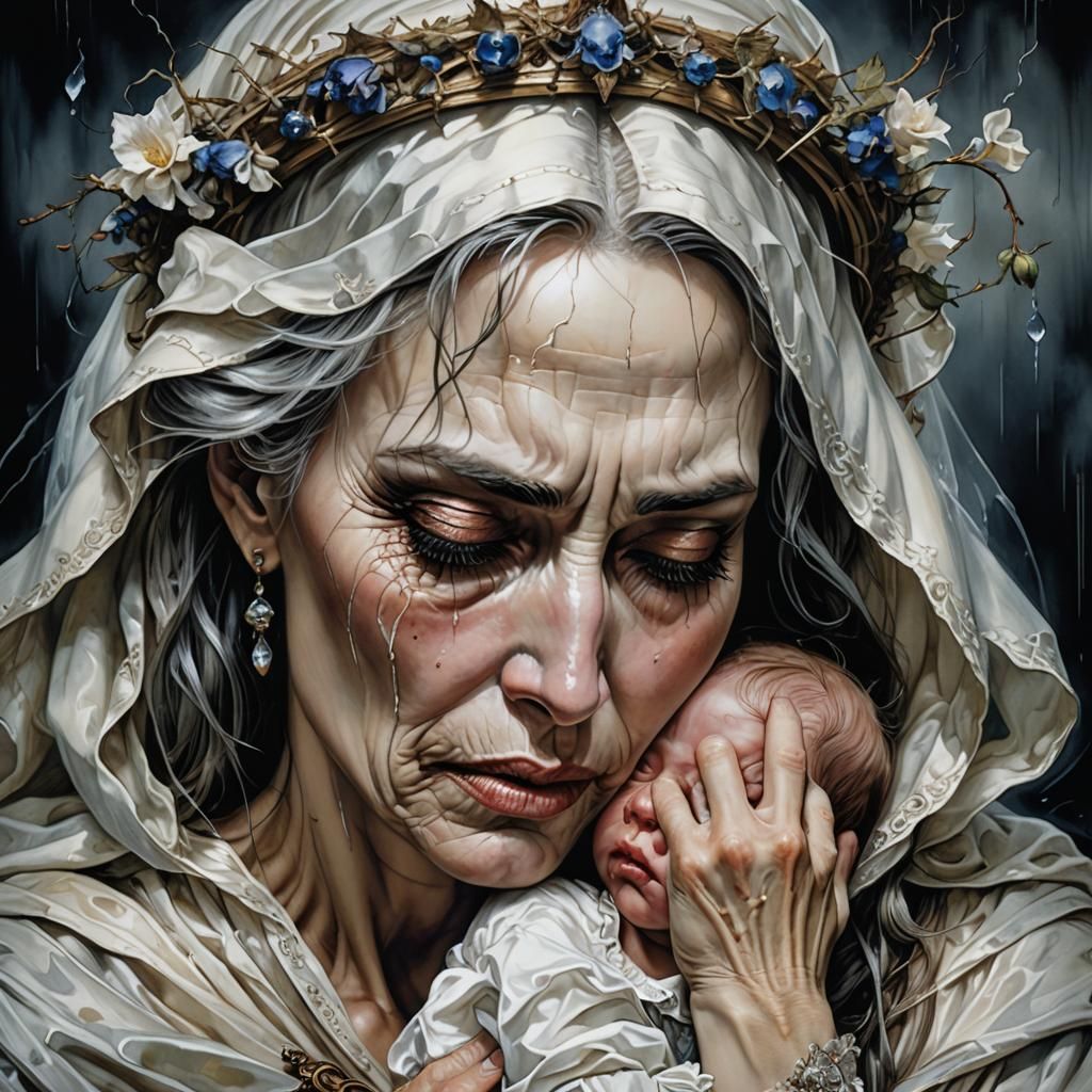 Sad Mother and Baby Portrait in Anime Style