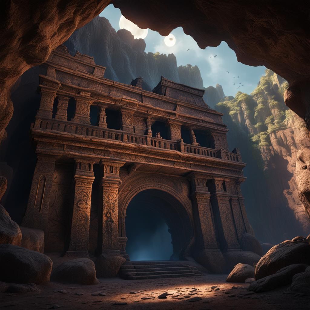 A total eclipse casting eerie shadows on the walls of an anc...