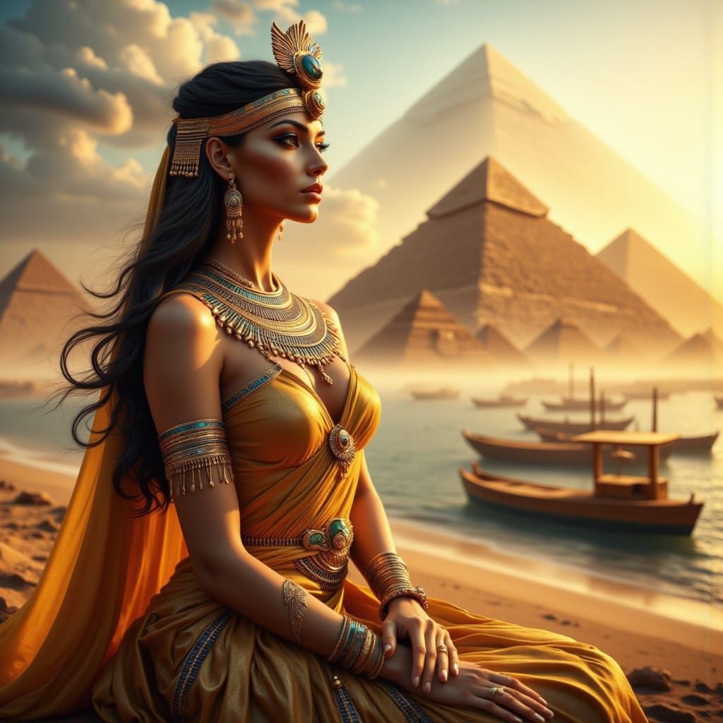 Egyptian Goddess in Golden Haze: Hyper Realistic Portrait