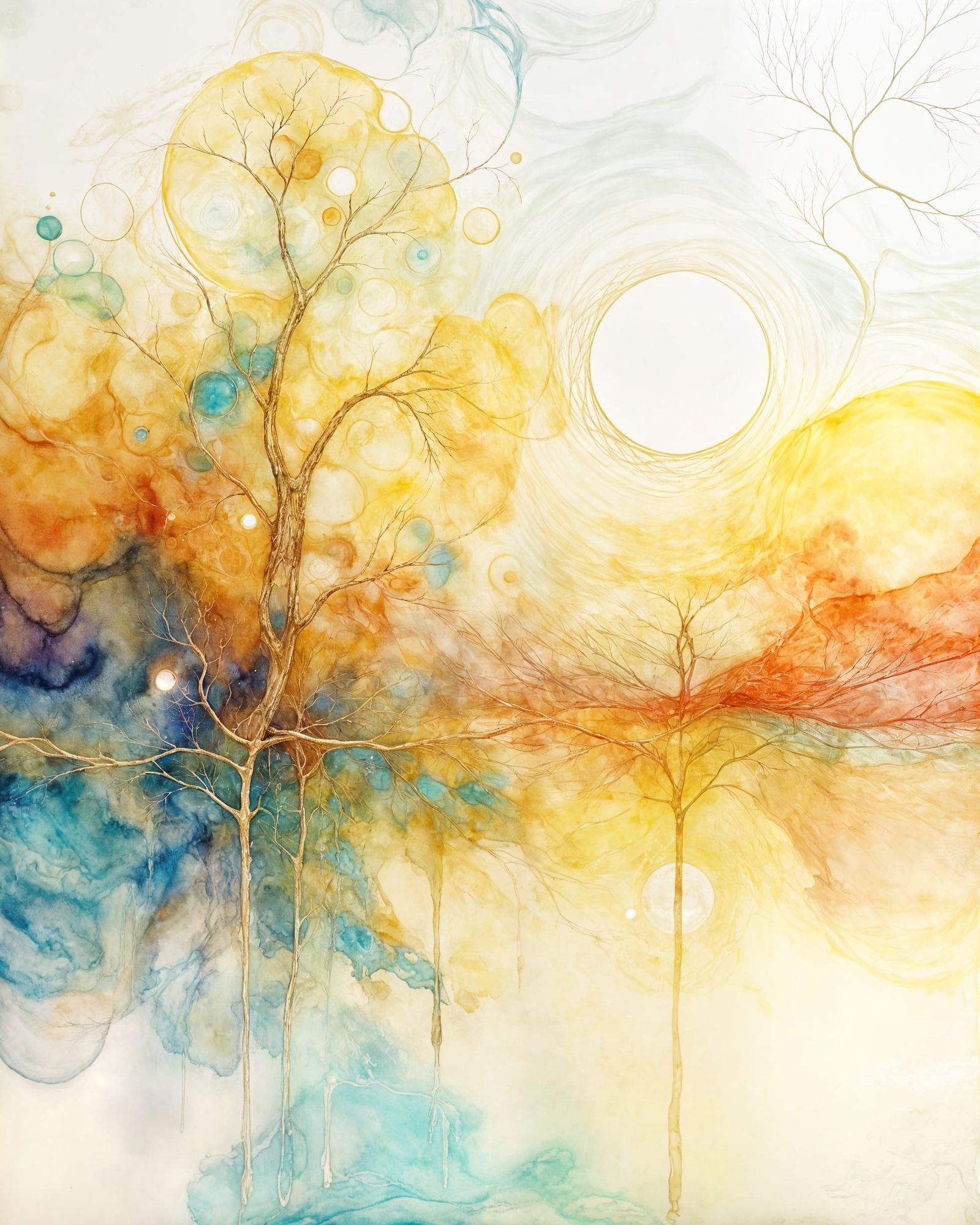 Dreamlike Watercolor Landscape with Abstract Tree and Sun