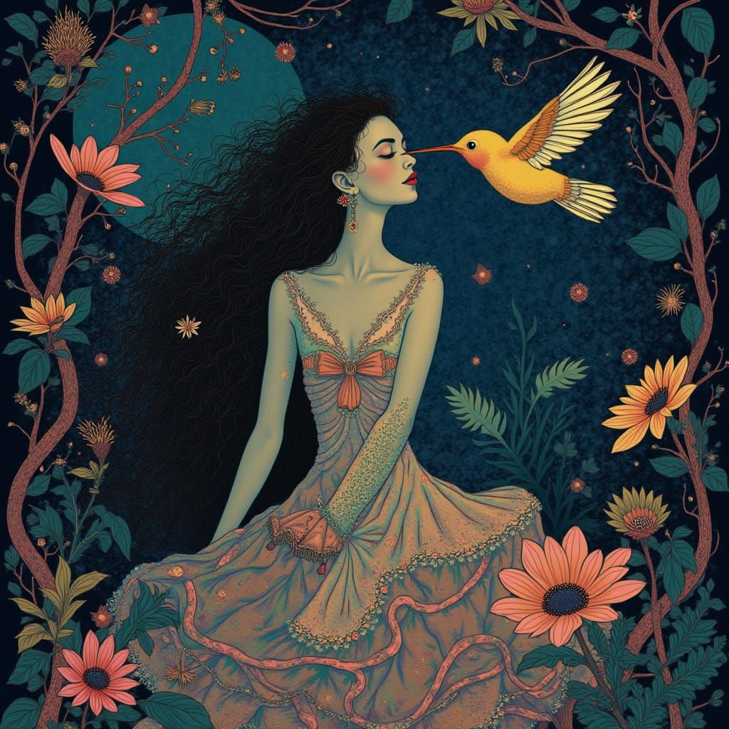 Surreal Woman Portrait with Bioluminescent Flora in Cubist B...