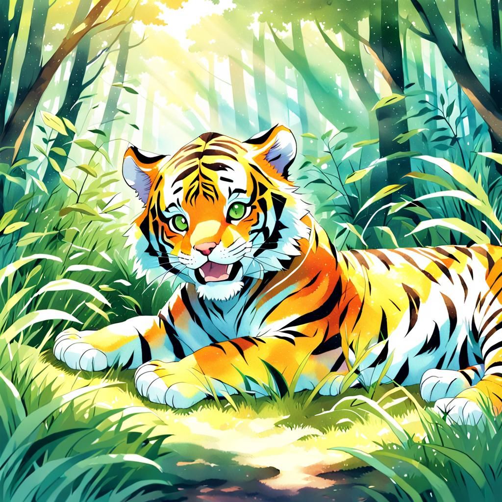 Anime Tiger Cub in Forest, Manga Style